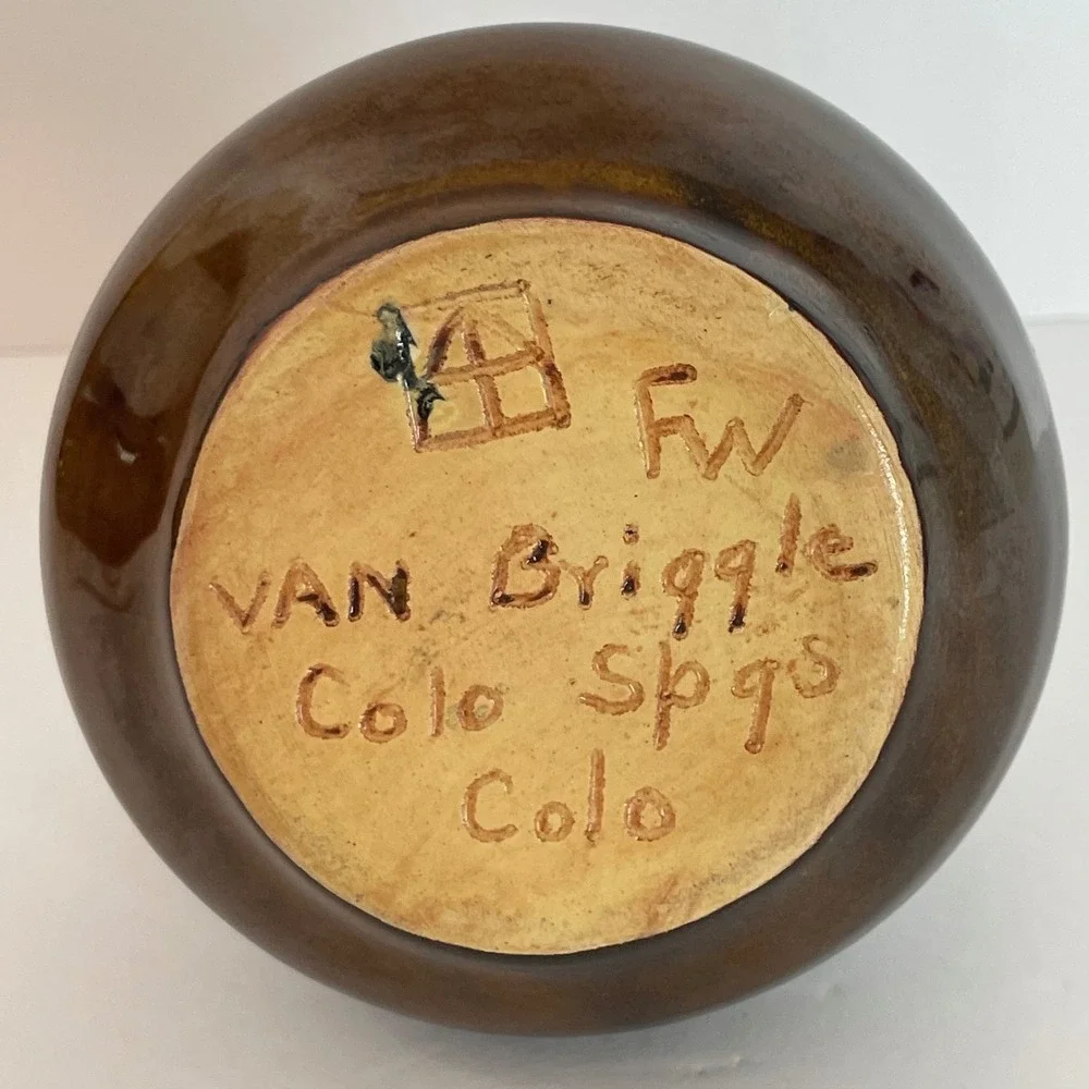 Van Briggle Art Pottery‎ Vase Brown Green Drip Glaze Colorado Springs Signed FW